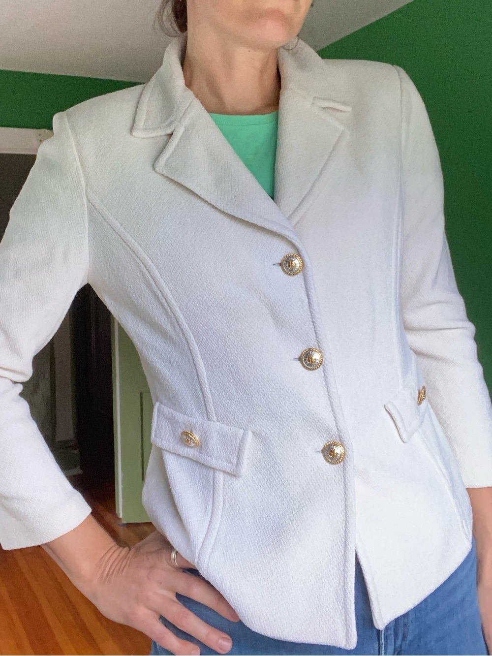 Vintage St John Collectio  Cream Textured Tailored Blazer Jacket gold buttons